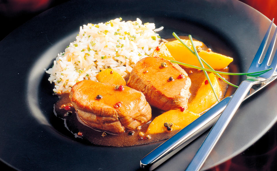 Schweinssteak mit Mango und Pfeffersauce