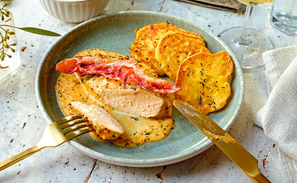 Hühnerbrustfilet mit Senf-Oberssauce, Prosciutto und Maiskrapferln