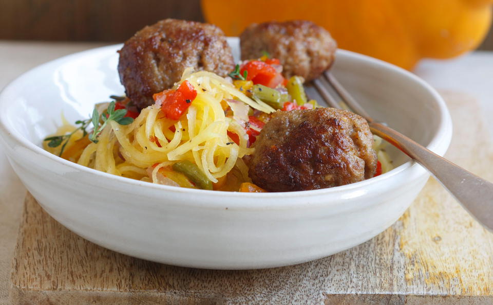 Kürbis-Spaghetti mit Kalbsbällchen