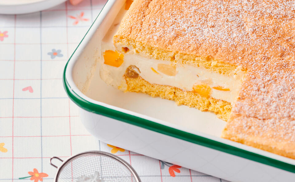 Topfen-Biskuitkuchen mit Fruchtcocktail