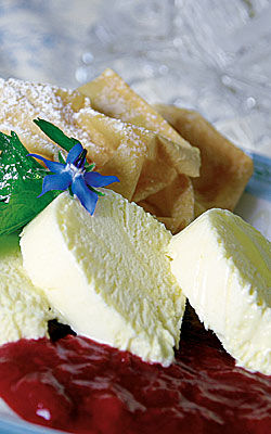 Löwenzahnhonig-Parfait mit Erdbeer-Rhabarber-Mousse