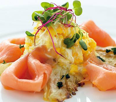 Gebratener Fenchel mit Rührei und Räucherlachs