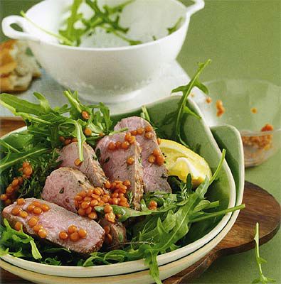 Rucola-Linsen-Salat mit Entenbrust
