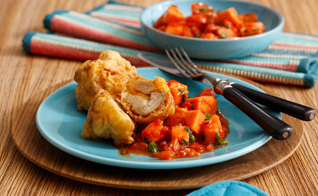 Huhn in Tempurateig mit Papaya-Salat