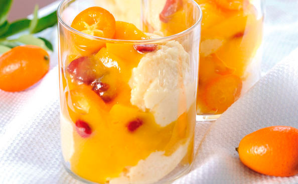 Orangenmousse mit Mango-Cranberry-Kompott • Rezept • GUSTO.AT