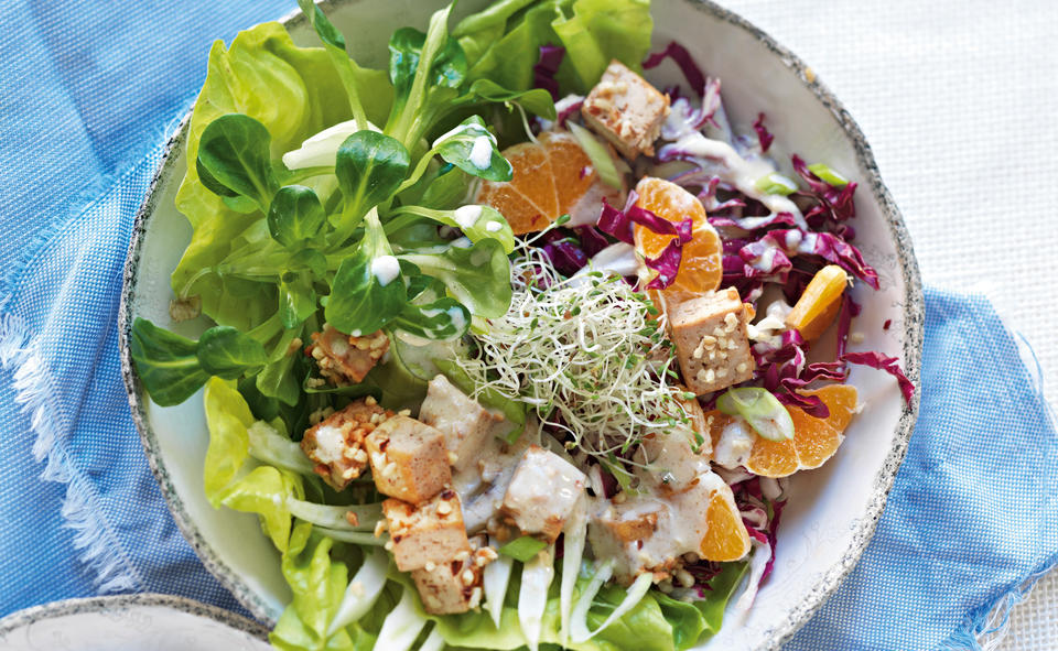 Salat mit Nuss-Tofu und Alfalfa-Sprossen