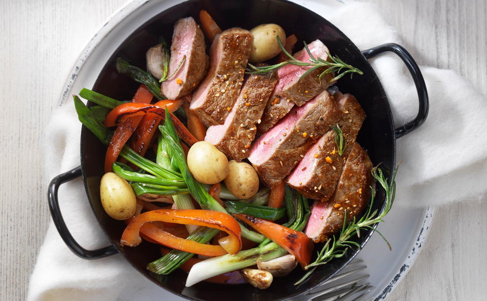 Rumpsteak mit Paprika und Jungzwiebeln