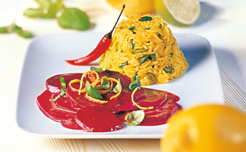 Rote Rüben in Kokossauce mit Safranreis