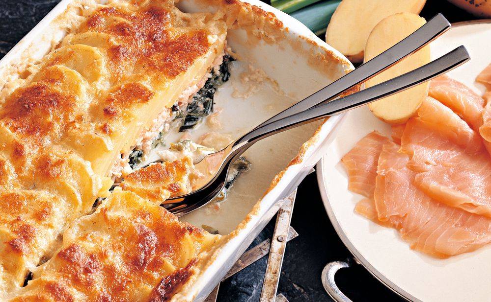 Erdäpfel-Lauchgratin mit Lachs • Rezept • GUSTO.AT