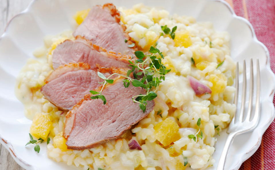 Orangen-Sellerie-Risotto mit Entenbrust