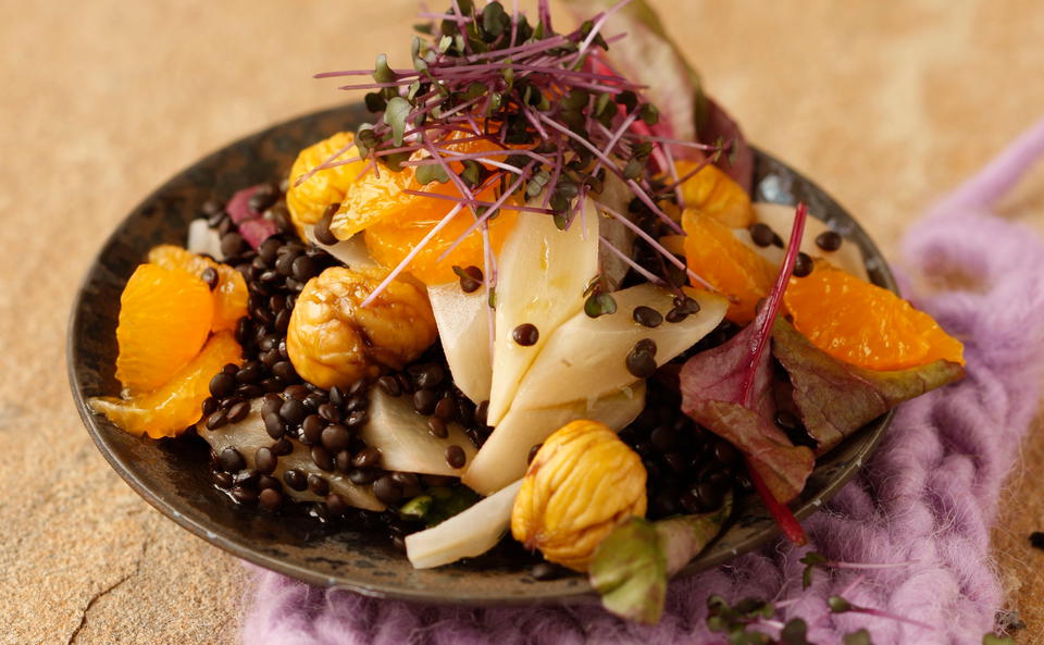 Schwarzwurzel-Linsen-Salat mit Maroni und Mandarinen