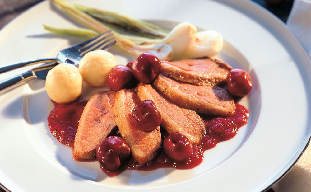 Gebratene Entenbrust mit Kirschensauce und Erdäpfelknödeln • Rezept