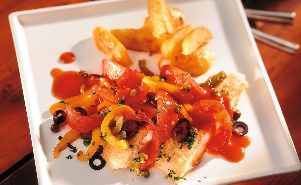 Kabeljau mit Oliven, Kapern und knusprigen Kartoffelspalten • Rezept
