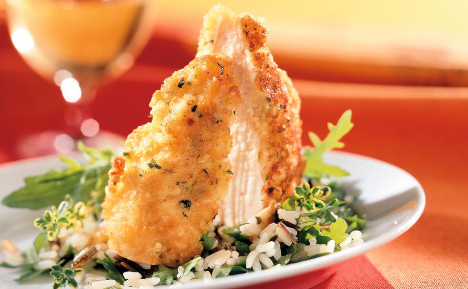 Zitronenhuhn mit Parmesankruste und Rucola-Reis