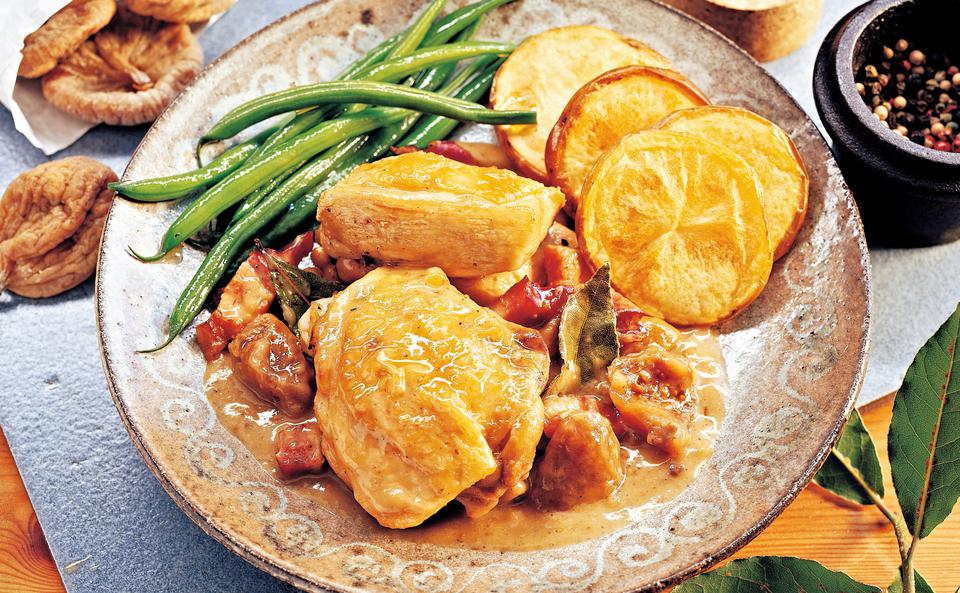 Huhn in Feigensauce mit Butterfisolen