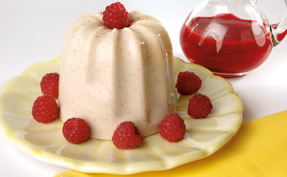 Haselnuss-Joghurt-Pudding mit Himbeersauce • Rezept • GUSTO.AT