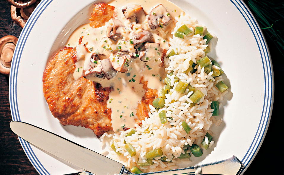 Champignonschnitzel mit Fisolenreis