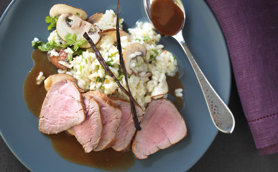 Kalbsfilet mit Champignons und Kerbel-Vanillerisotto