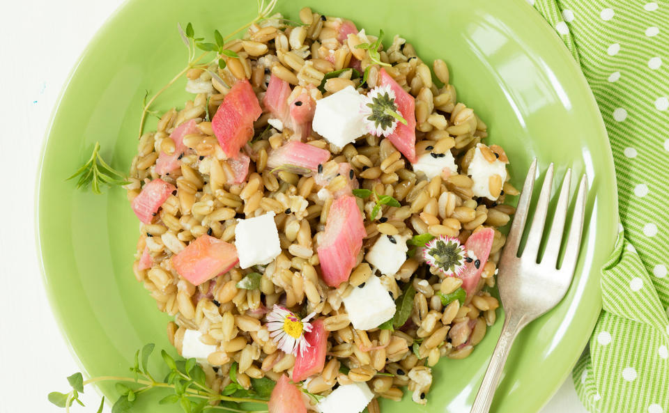 Grünkernsalat mit Schafkäse, Rhabarber und Kräutern