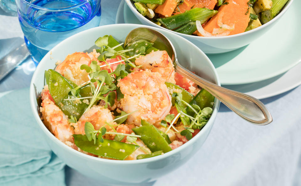 Garnelen-Couscous mit Melone und Zuckerschoten