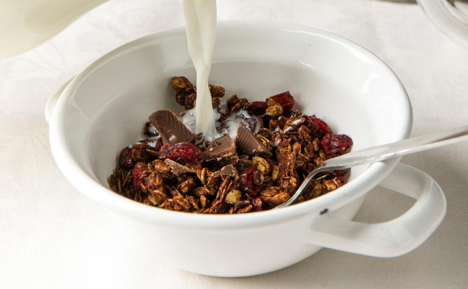 Schokolade-Kokos-Granola mit Cranberrys